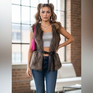 VTG Cache Y2K size M faux fur leather accent waist tie vest